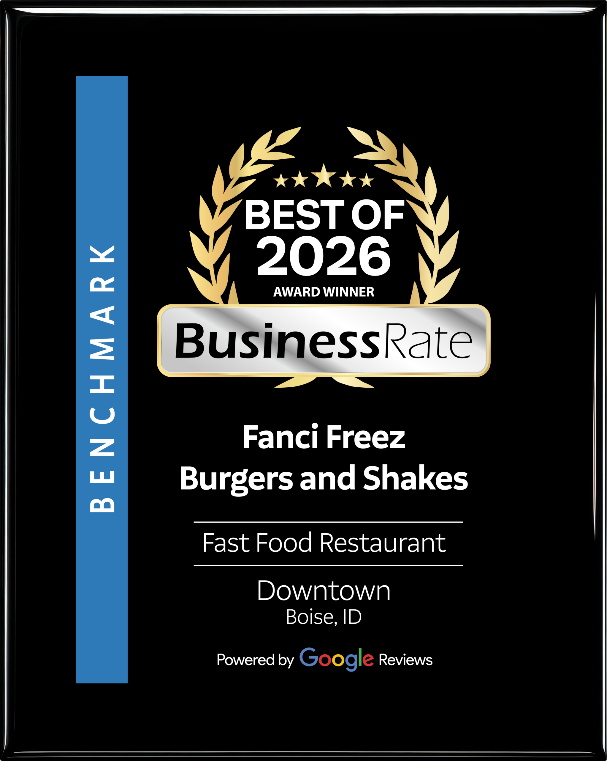 Award plaque for Fanci Freez, Best of 2026 Fast Food Restaurant in Boise, powered by Google.