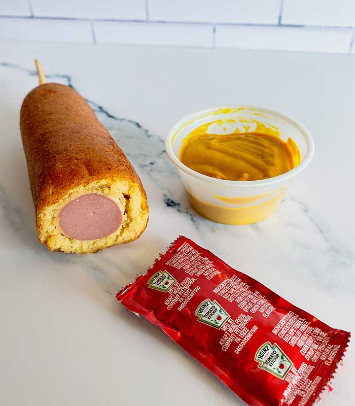 Corndog with mustard and ketchup for lunch and dinner from Fanci Freeze in Boise and Meridian Idaho.