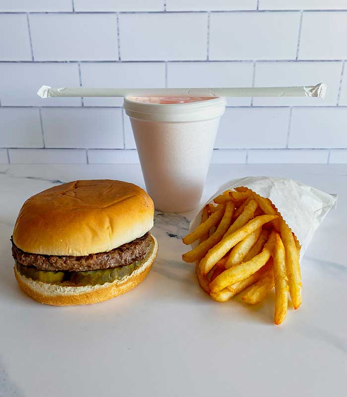 Plain burger with fries and a drink for lunch and dinner from Fanci Freeze in Meridian and Boise Idaho.
