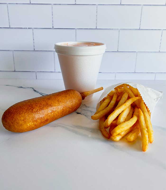 Corndog with fries and drink for lunch from Fanci Freeze in Boise and Meridian Idaho.