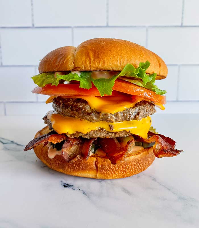 Double cheeseburger with bacon, lettuce, tomato from Fanci Freeze in Meridian and Boise ID