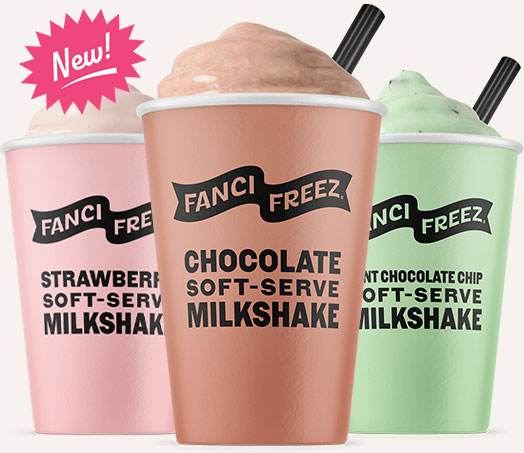 Strawberry, Chocolate and Mint Chocolate Chip softserve shakes from Fanci Freeze location in Boise and Meridian Idaho