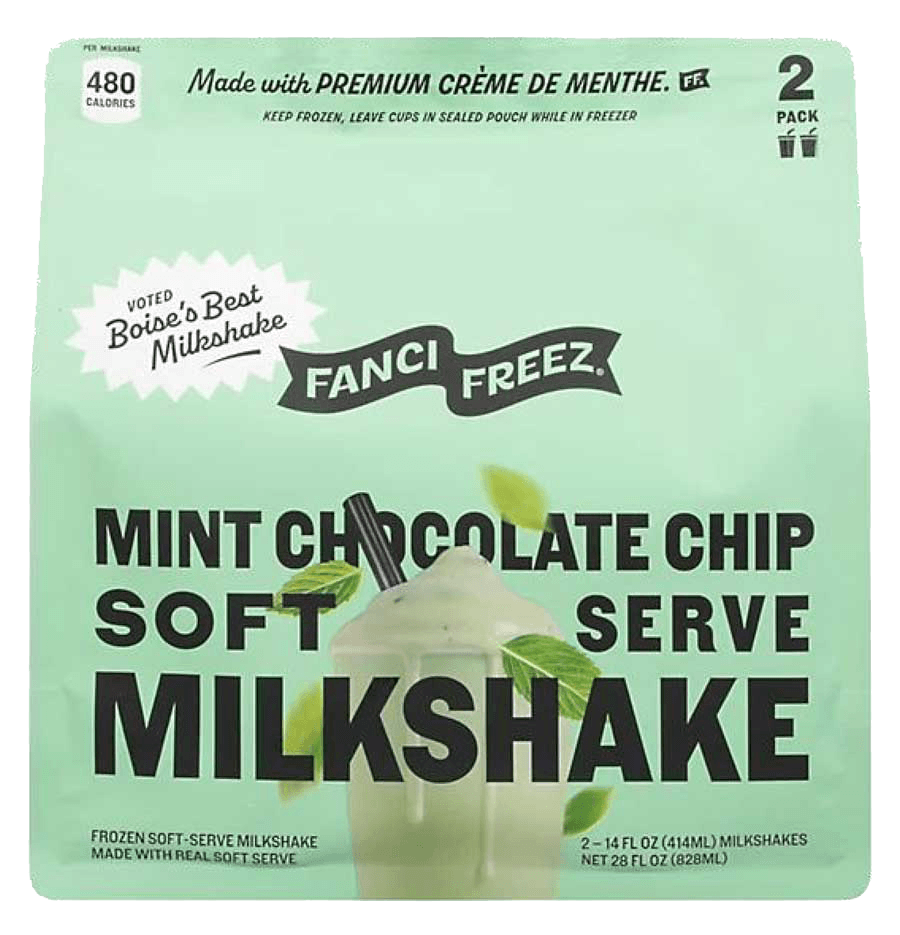 Two-pack pouch of Fanci Freez Soft Serve mint chocolate chip milkshakes.